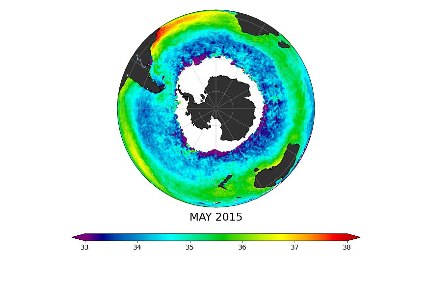 Sea surface salinity, May 2015