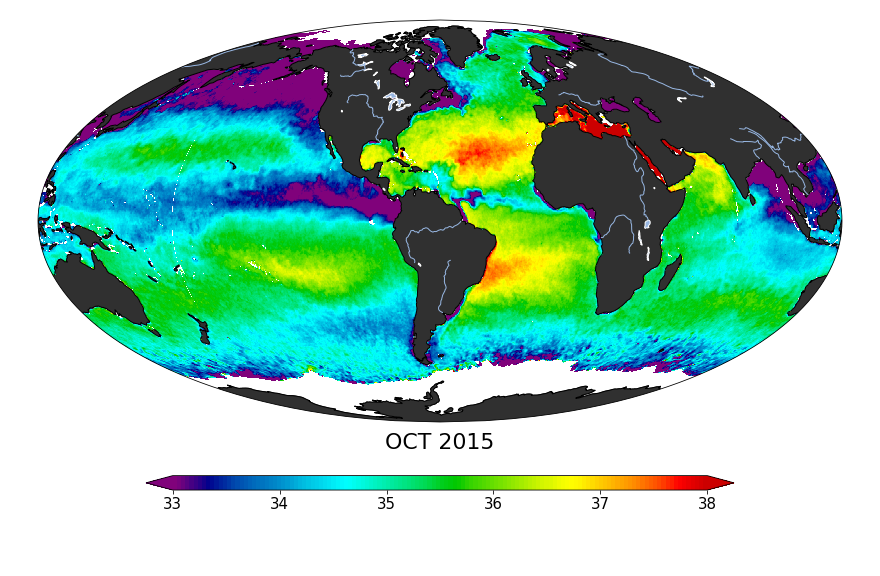 Sea surface salinity, October 2015