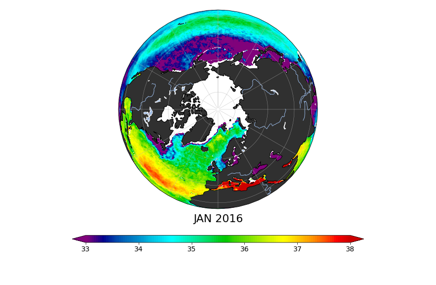 Sea surface salinity, January 2016