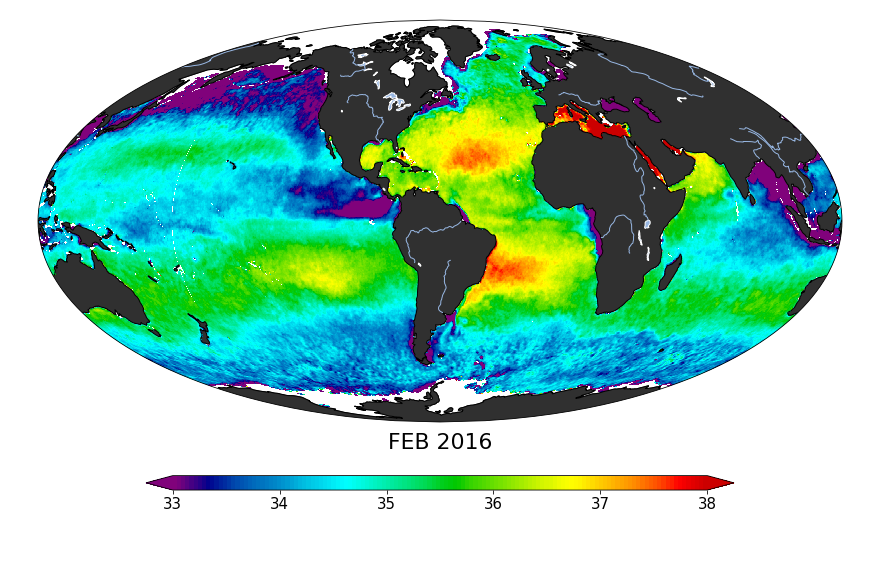 Sea surface salinity, February 2016
