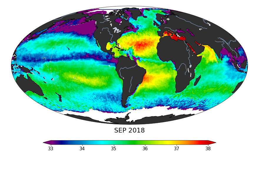 Sea surface salinity, September 2018