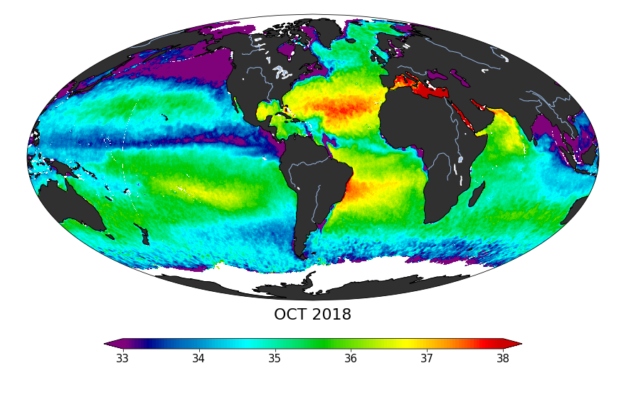Sea surface salinity, October 2018