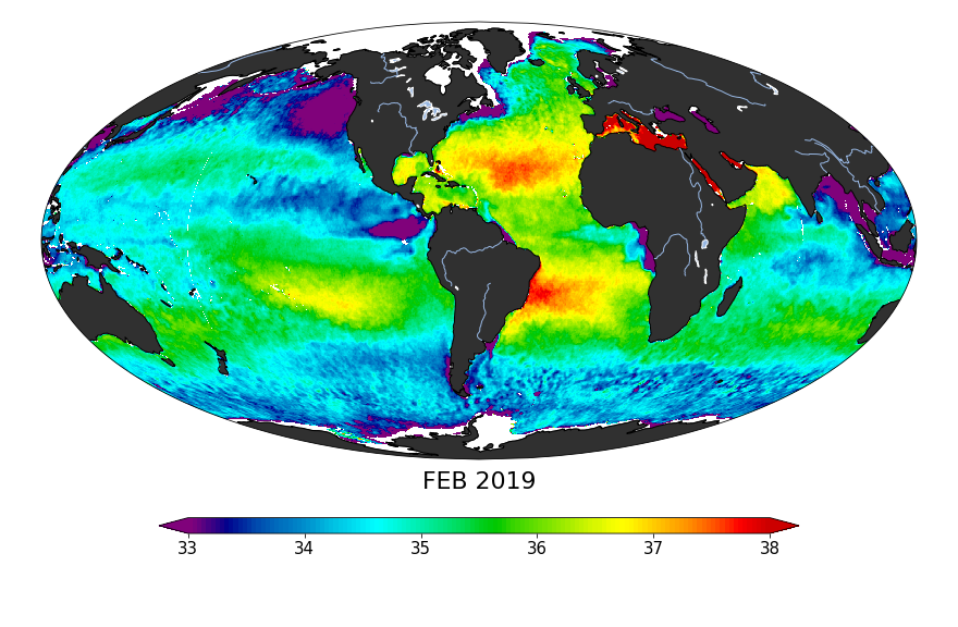 Sea surface salinity, February 2019