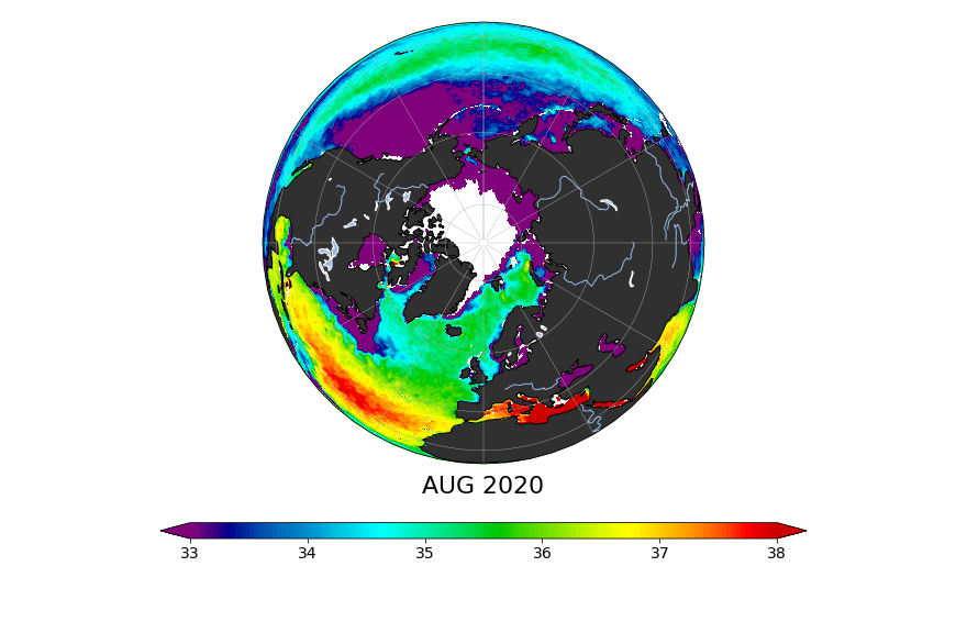 Sea surface salinity, August 2020