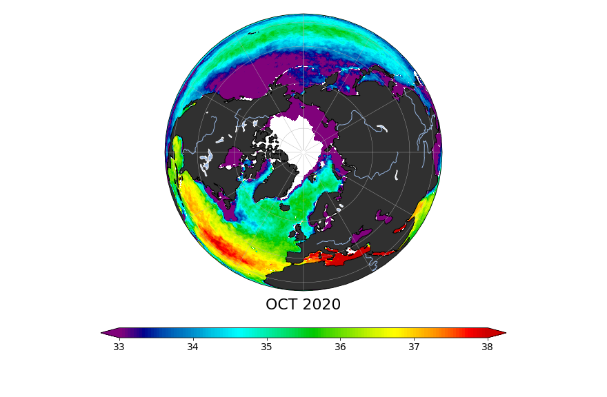 Sea surface salinity, October 2020