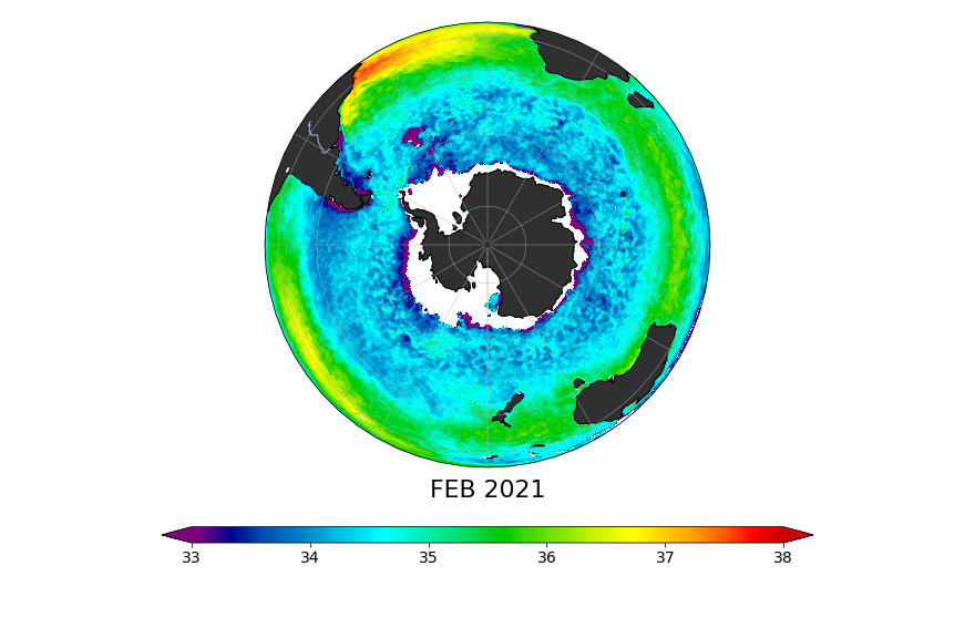 Sea surface salinity, February 2021