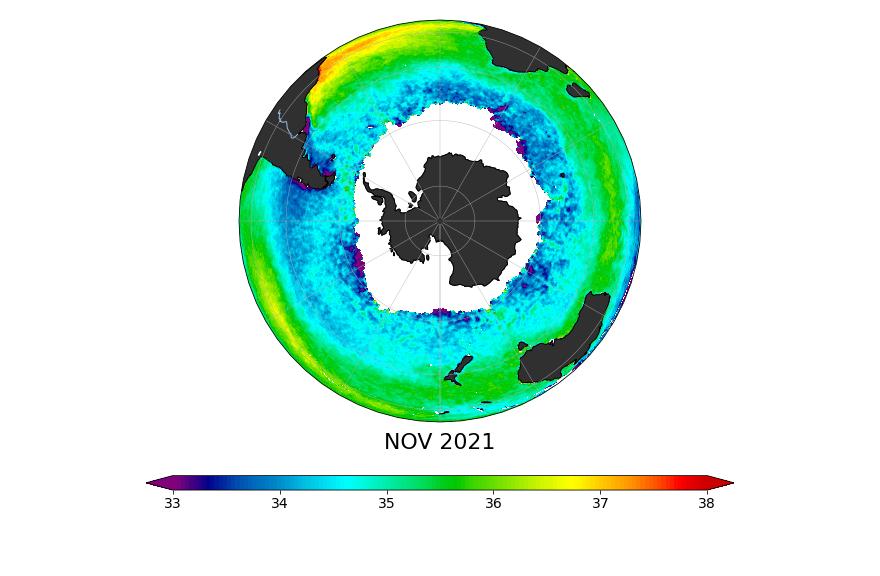 Sea surface salinity, November 2021