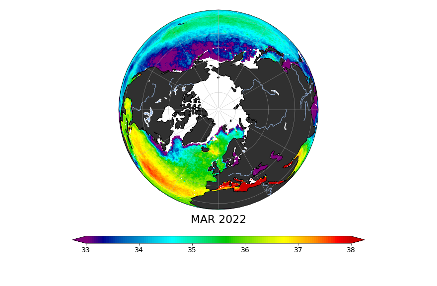 Sea surface salinity, March 2022