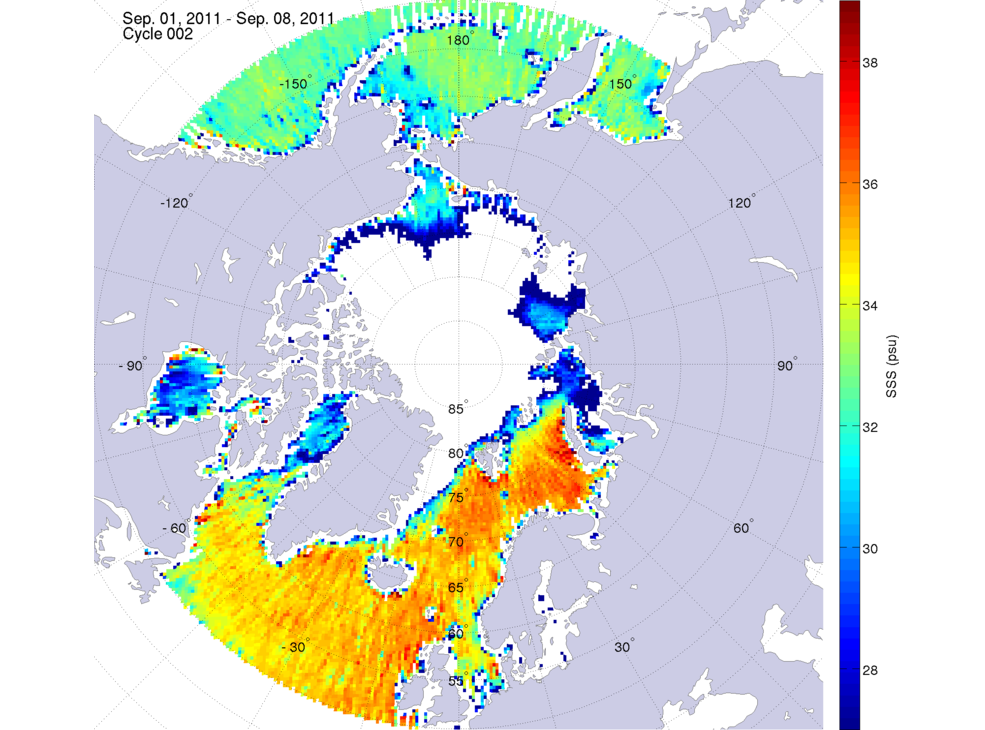 Sea surface salinity maps of the northern hemisphere ocean, week ofSeptember 1-8, 2011.