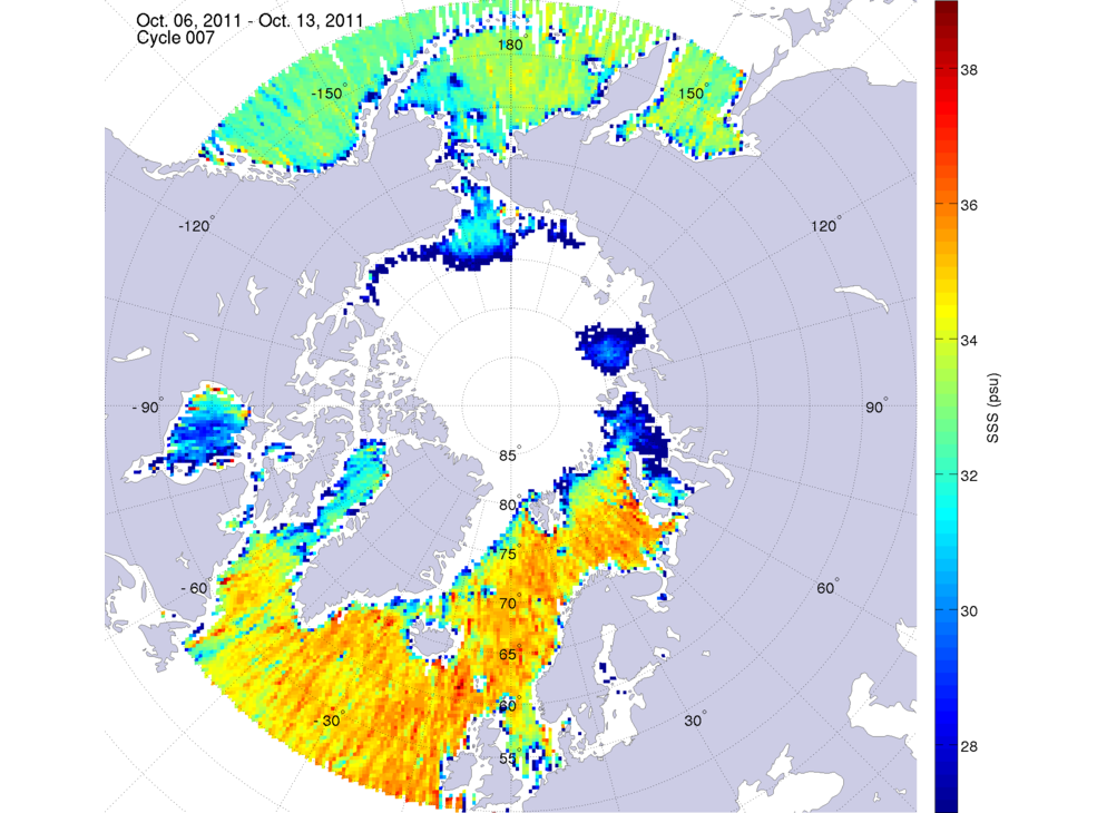Sea surface salinity maps of the northern hemisphere ocean, week ofOctober 6-13, 2011.