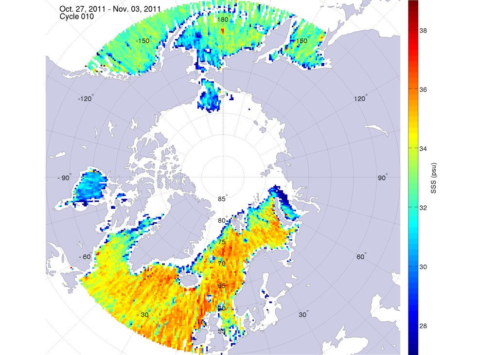 Sea surface salinity maps of the northern hemisphere ocean, week ofOctober 27 - November 3, 2011.