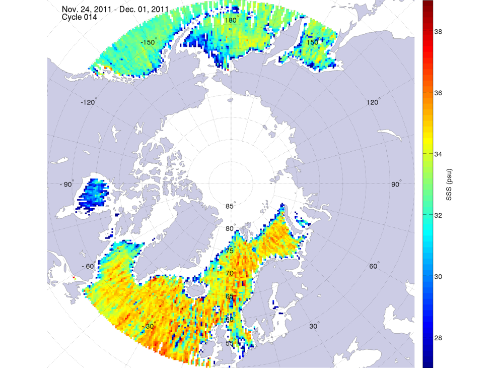 Sea surface salinity maps of the northern hemisphere ocean, week ofNovember 24-December 1, 2011.