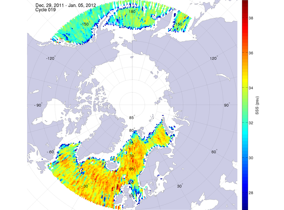 Sea surface salinity maps of the northern hemisphere ocean, week ofDecember 29, 2011 - January 5, 2012.