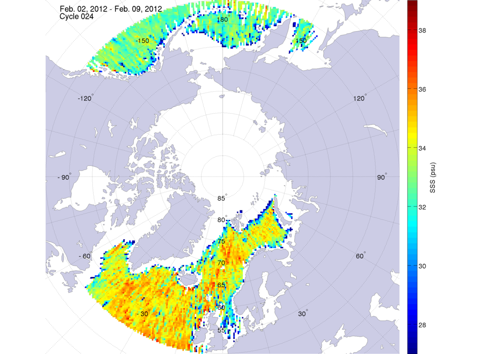 Sea surface salinity maps of the northern hemisphere ocean, week ofFebruary 2-9, 2012.