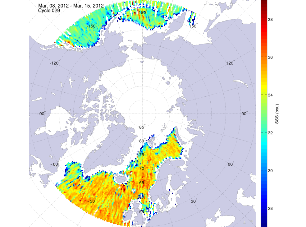 Sea surface salinity maps of the northern hemisphere ocean, week ofMarch 8-15, 2012.