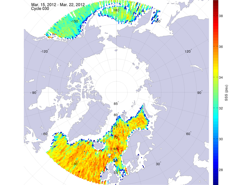 Sea surface salinity maps of the northern hemisphere ocean, week ofMarch 15-22, 2012.