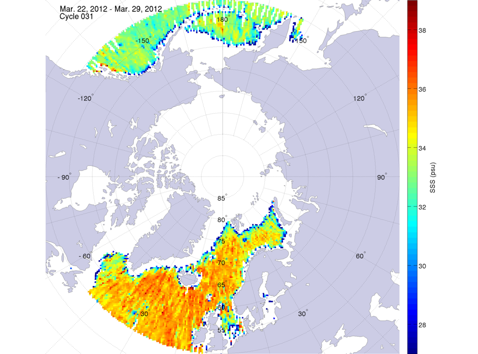Sea surface salinity maps of the northern hemisphere ocean, week ofMarch 22-29, 2012.