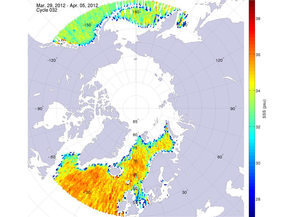 Sea surface salinity maps of the northern hemisphere ocean, week ofMarch 29 - April 5, 2012.