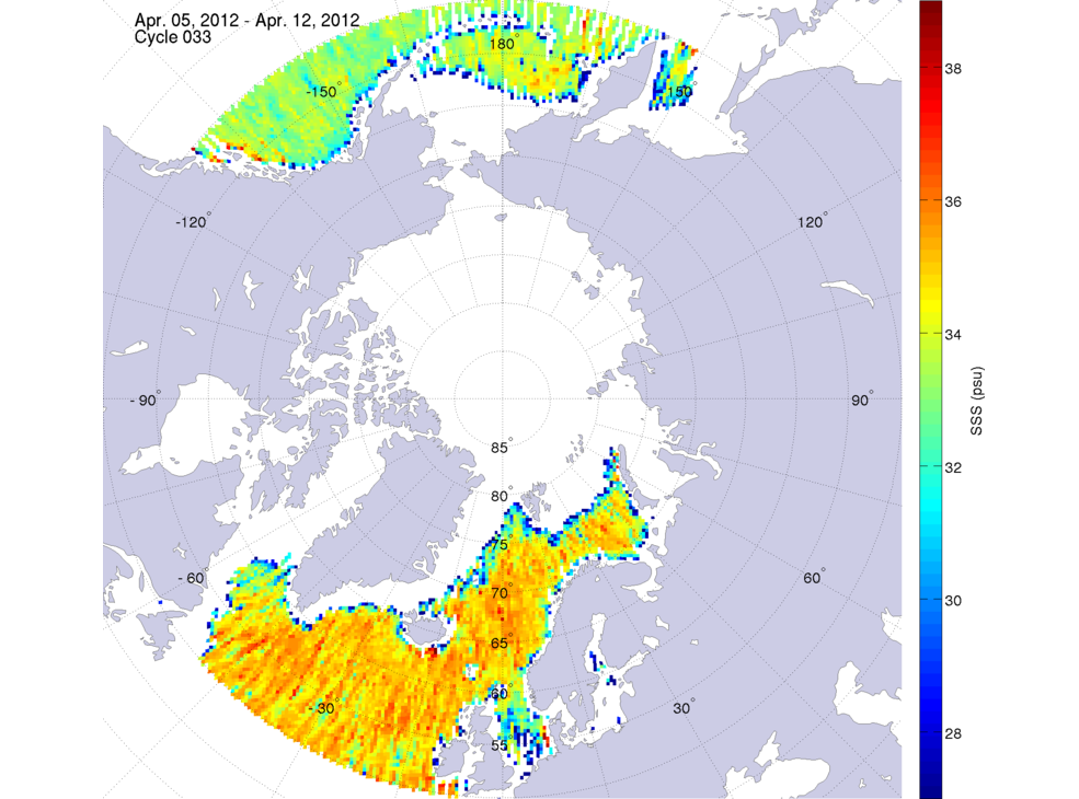 Sea surface salinity maps of the northern hemisphere ocean, week ofApril 5-12, 2012.