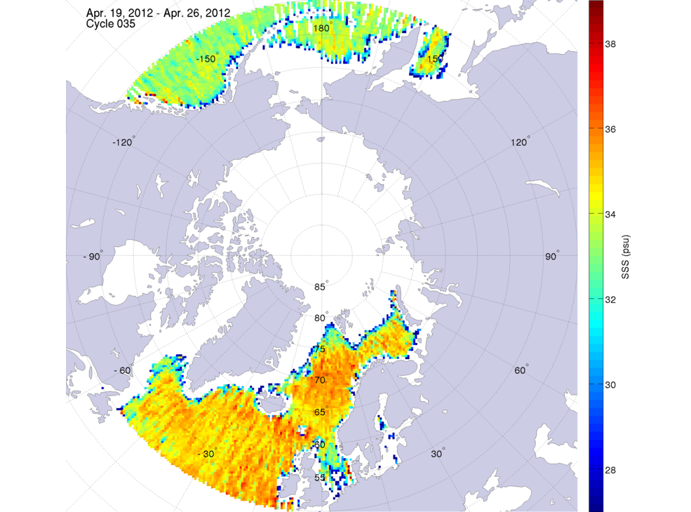 Sea surface salinity maps of the northern hemisphere ocean, week ofApril 19-26, 2012.