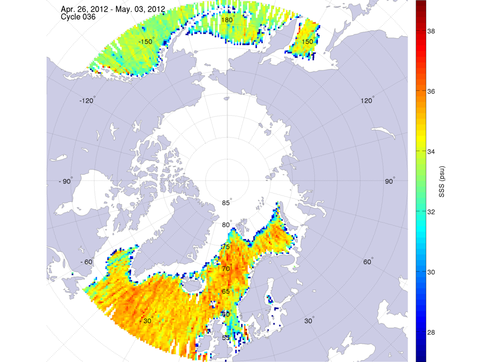 Sea surface salinity maps of the northern hemisphere ocean, week ofApril 26 - May 3, 2012.