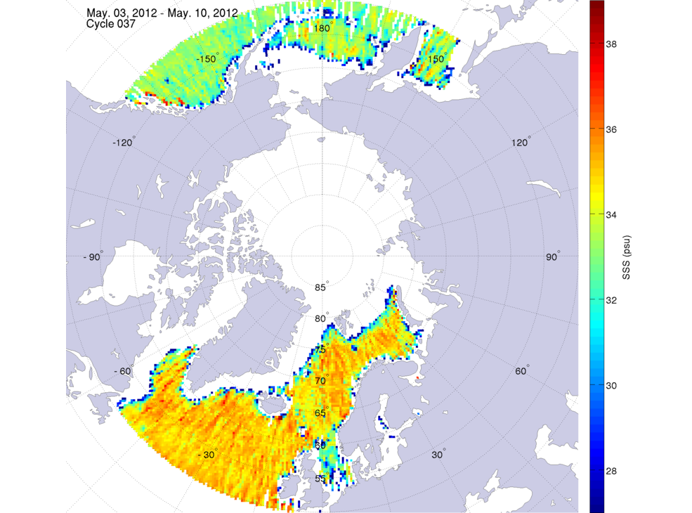 Sea surface salinity maps of the northern hemisphere ocean, week ofMay 3-10, 2012.