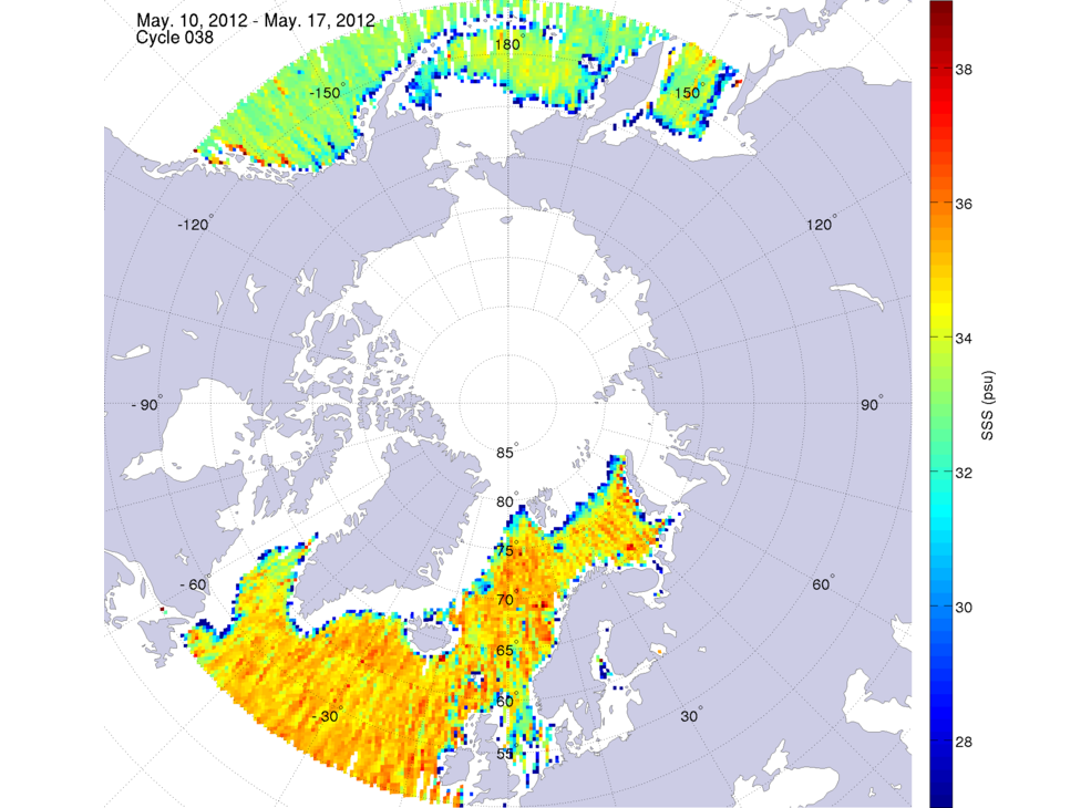 Sea surface salinity maps of the northern hemisphere ocean, week ofMay 10-17, 2012.