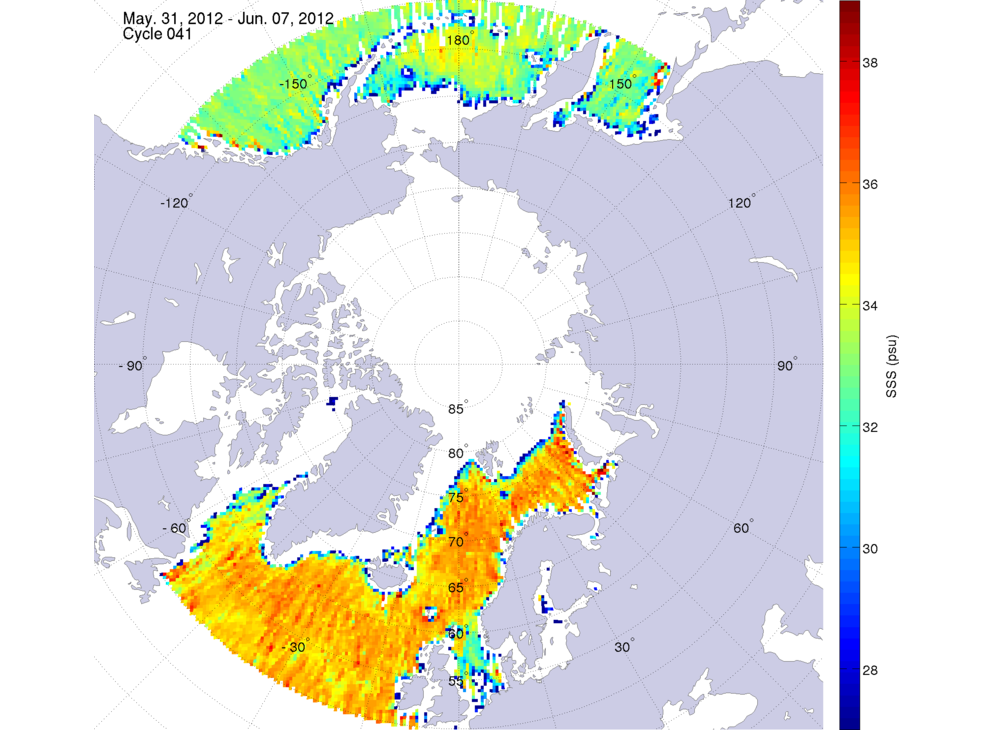 Sea surface salinity maps of the northern hemisphere ocean, week ofMay 31 - June 7, 2012.