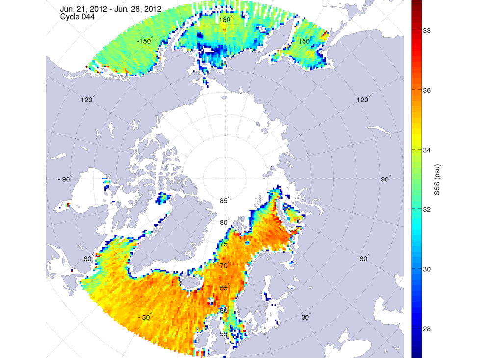 Sea surface salinity maps of the northern hemisphere ocean, week ofJune 21-28, 2012.