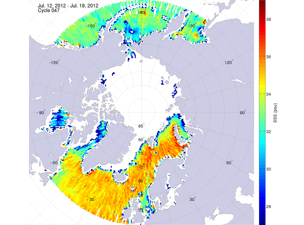 Sea surface salinity maps of the northern hemisphere ocean, week ofJuly 12-19, 2012.