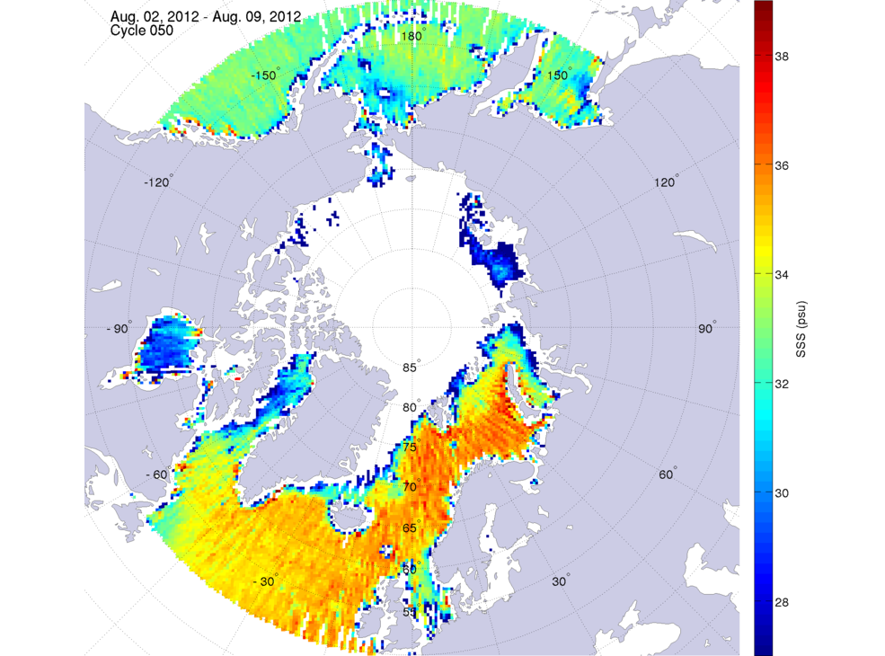 Sea surface salinity maps of the northern hemisphere ocean, week ofAugust 2-9, 2012.
