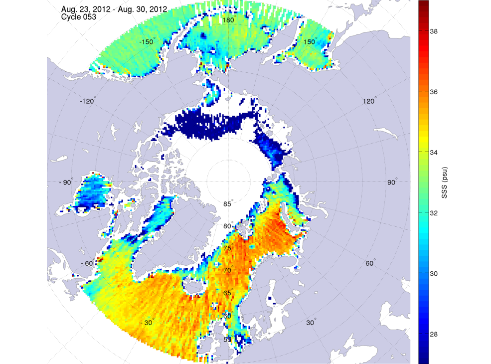 Sea surface salinity maps of the northern hemisphere ocean, week ofAugust 23-30, 2012.