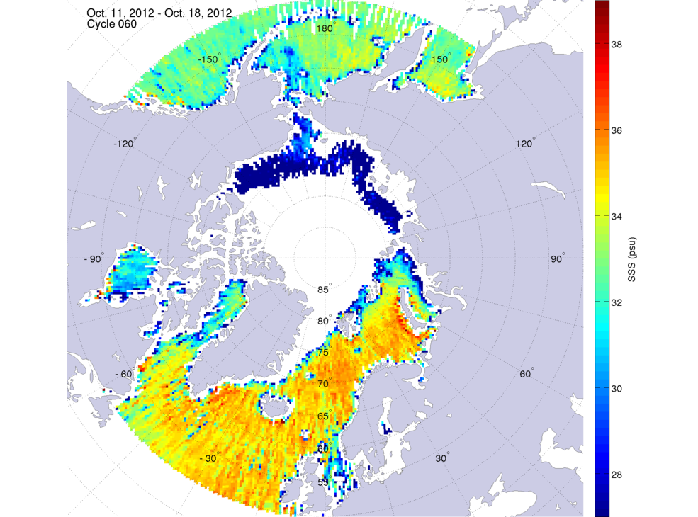Sea surface salinity maps of the northern hemisphere ocean, week ofOctober 11-18, 2012.