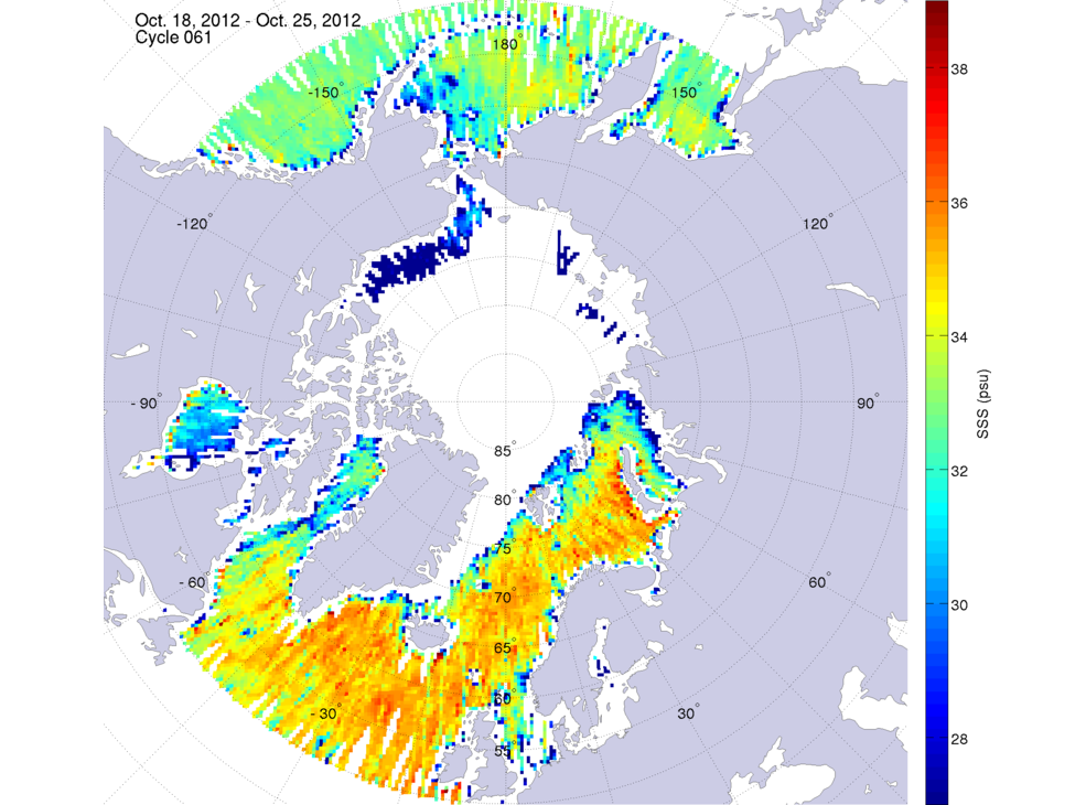 Sea surface salinity maps of the northern hemisphere ocean, week ofOctober 18-25, 2012.
