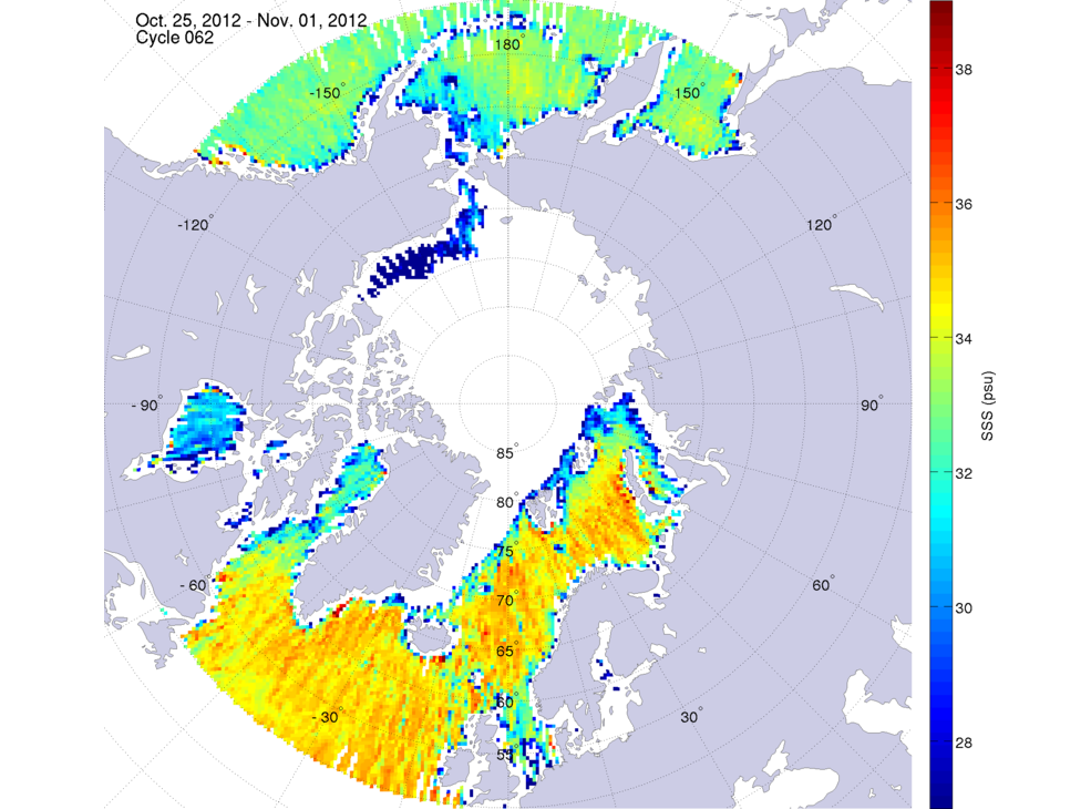 Sea surface salinity maps of the northern hemisphere ocean, week ofOctober 25 - November 1, 2012.