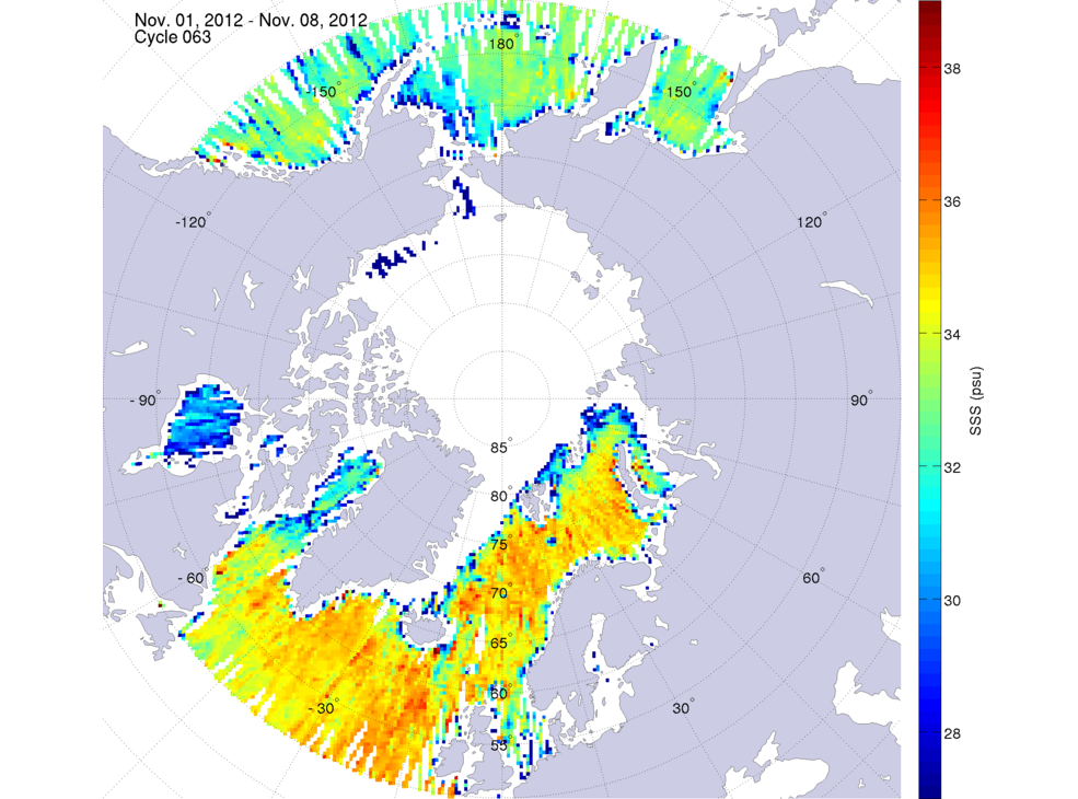 Sea surface salinity maps of the northern hemisphere ocean, week ofNovember 1-8, 2012.