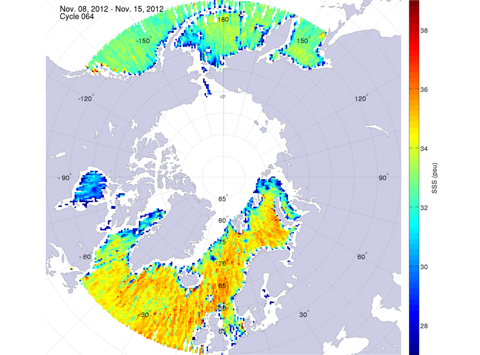 Sea surface salinity maps of the northern hemisphere ocean, week ofNovember 8-15, 2012.