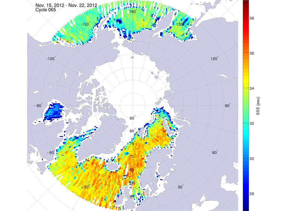 Sea surface salinity maps of the northern hemisphere ocean, week ofNovember 15-22, 2012.