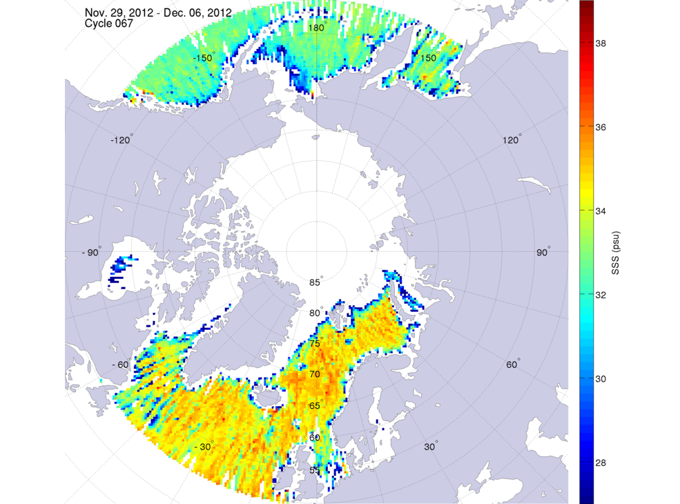 Sea surface salinity maps of the northern hemisphere ocean, week ofNovember 29 - December 6, 2012.