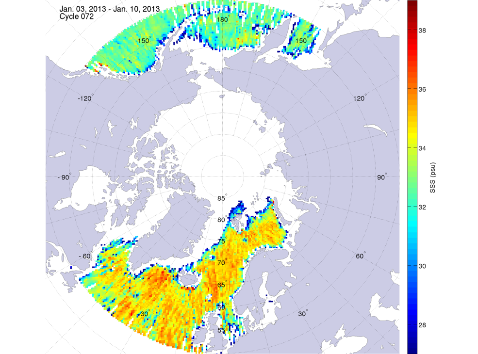 Sea surface salinity maps of the northern hemisphere ocean, week ofJanuary 3-10, 2013.