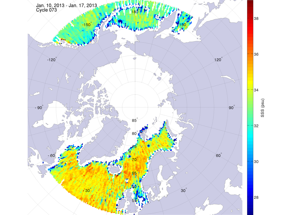 Sea surface salinity maps of the northern hemisphere ocean, week ofJanuary 10-17, 2013.