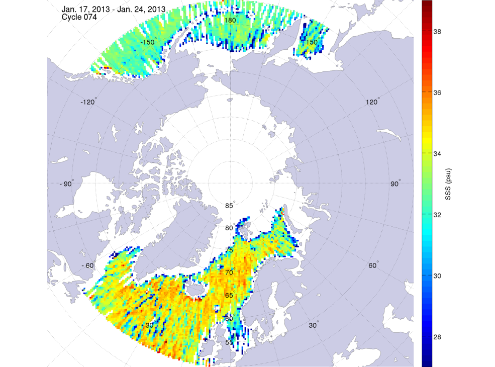 Sea surface salinity maps of the northern hemisphere ocean, week ofJanuary 17-24, 2013.