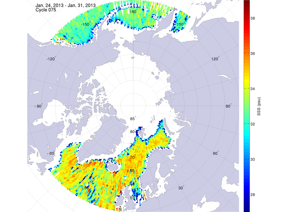 Sea surface salinity maps of the northern hemisphere ocean, week ofJanuary 24-31, 2013.