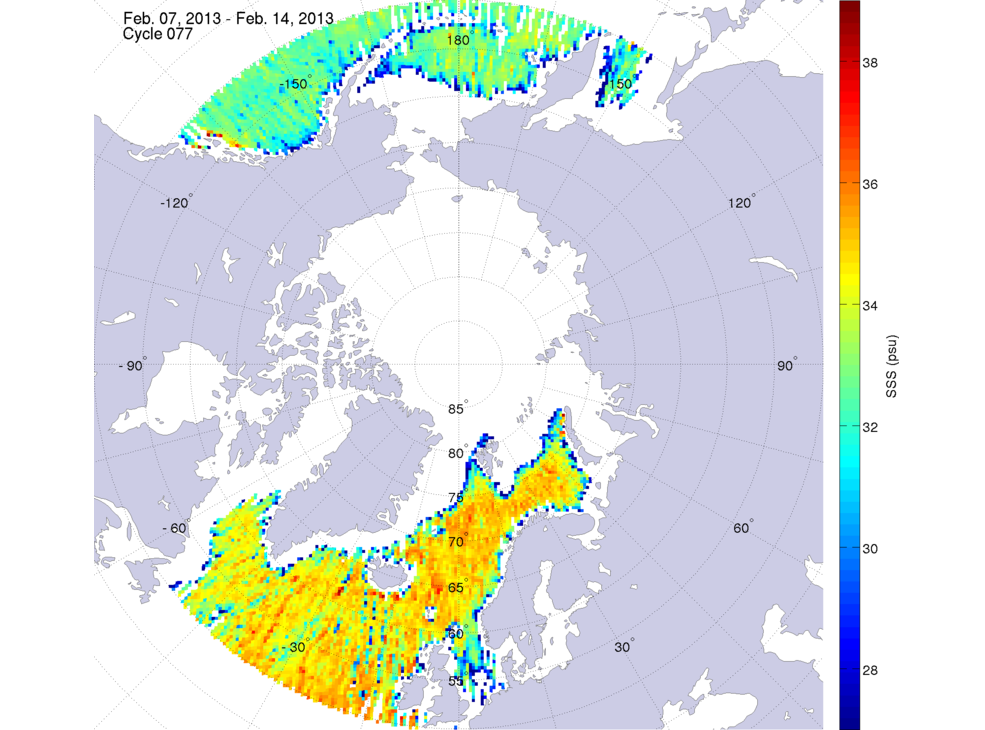 Sea surface salinity maps of the northern hemisphere ocean, week ofFebruary 7-14, 2013.