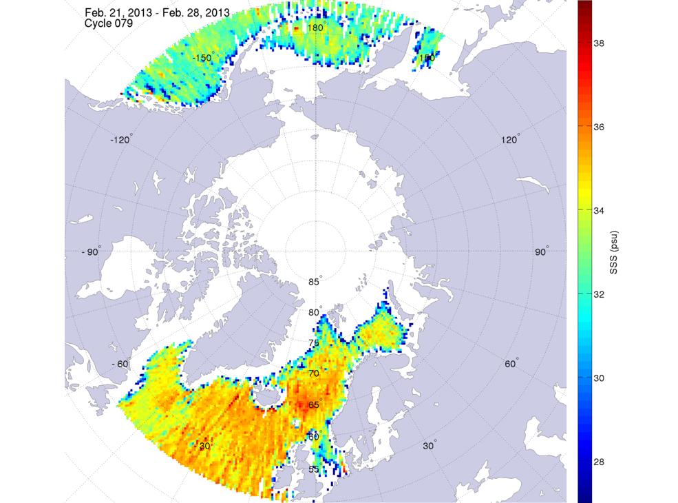 Sea surface salinity maps of the northern hemisphere ocean, week ofFebruary 21-28, 2013.