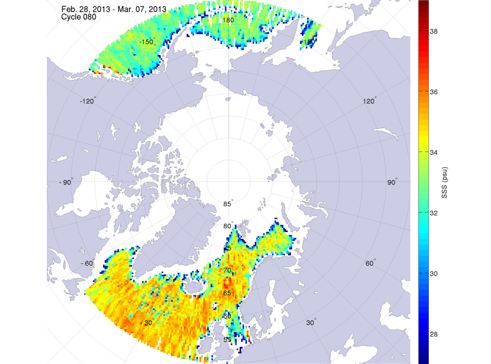Sea surface salinity maps of the northern hemisphere ocean, week ofFebruary 28 - March 7, 2013.