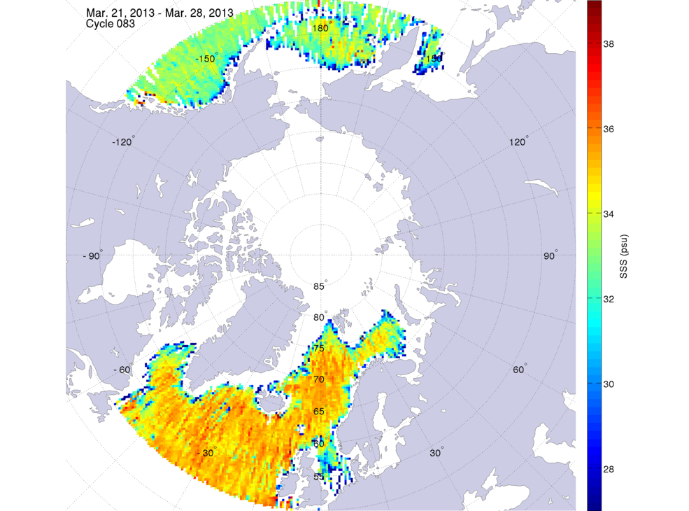 Sea surface salinity maps of the northern hemisphere ocean, week ofMarch 21-28, 2013.