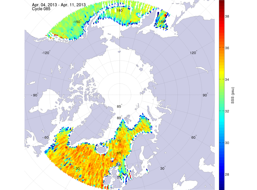 Sea surface salinity maps of the northern hemisphere ocean, week ofApril 4-11, 2013.
