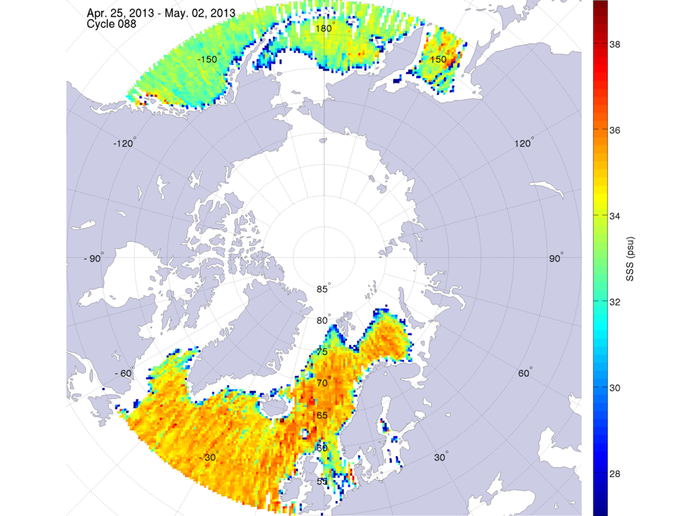 Sea surface salinity maps of the northern hemisphere ocean, week ofApril 25 - May 2, 2013.