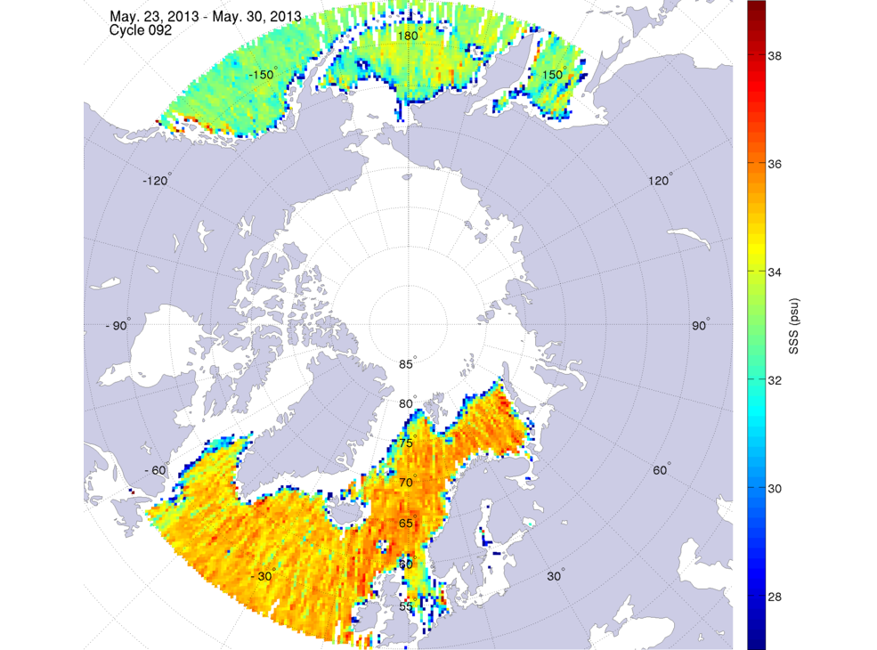 Sea surface salinity maps of the northern hemisphere ocean, week ofMay 23-30, 2013.